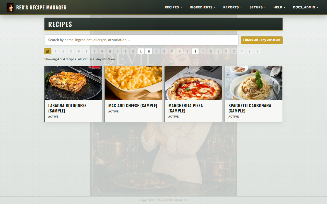 Recipe catalog with photos of four sample dishes